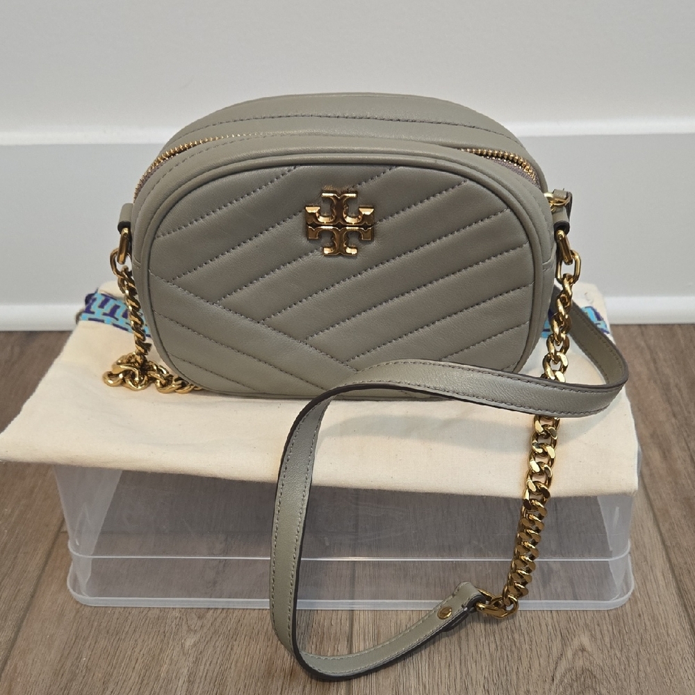 Tory Burch Taupe Quilted Crossbody Bag with Gold Accents